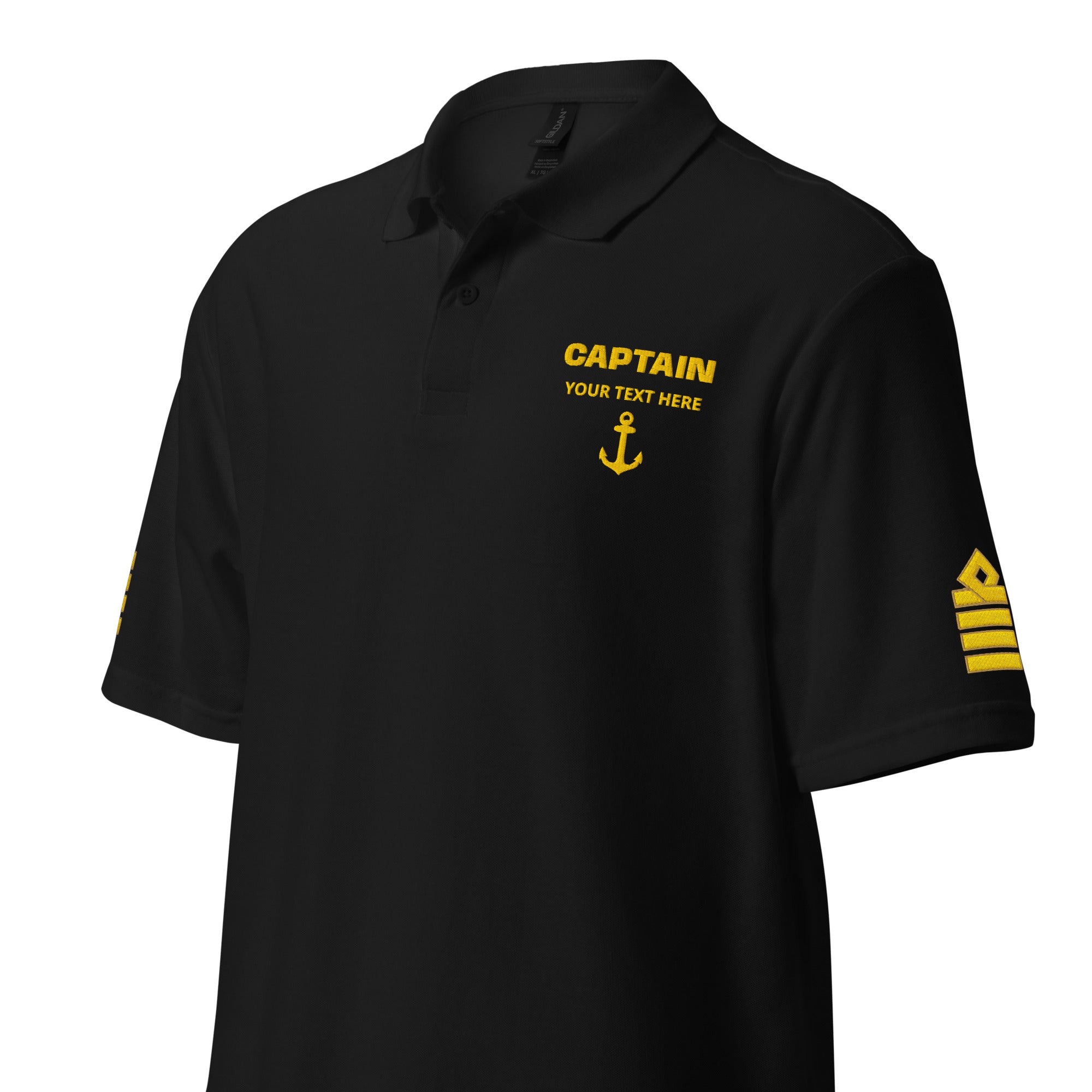 Personalized Captain polo shirt with embroidered epaulettes on both sleeves and rank embroidery on left chest
