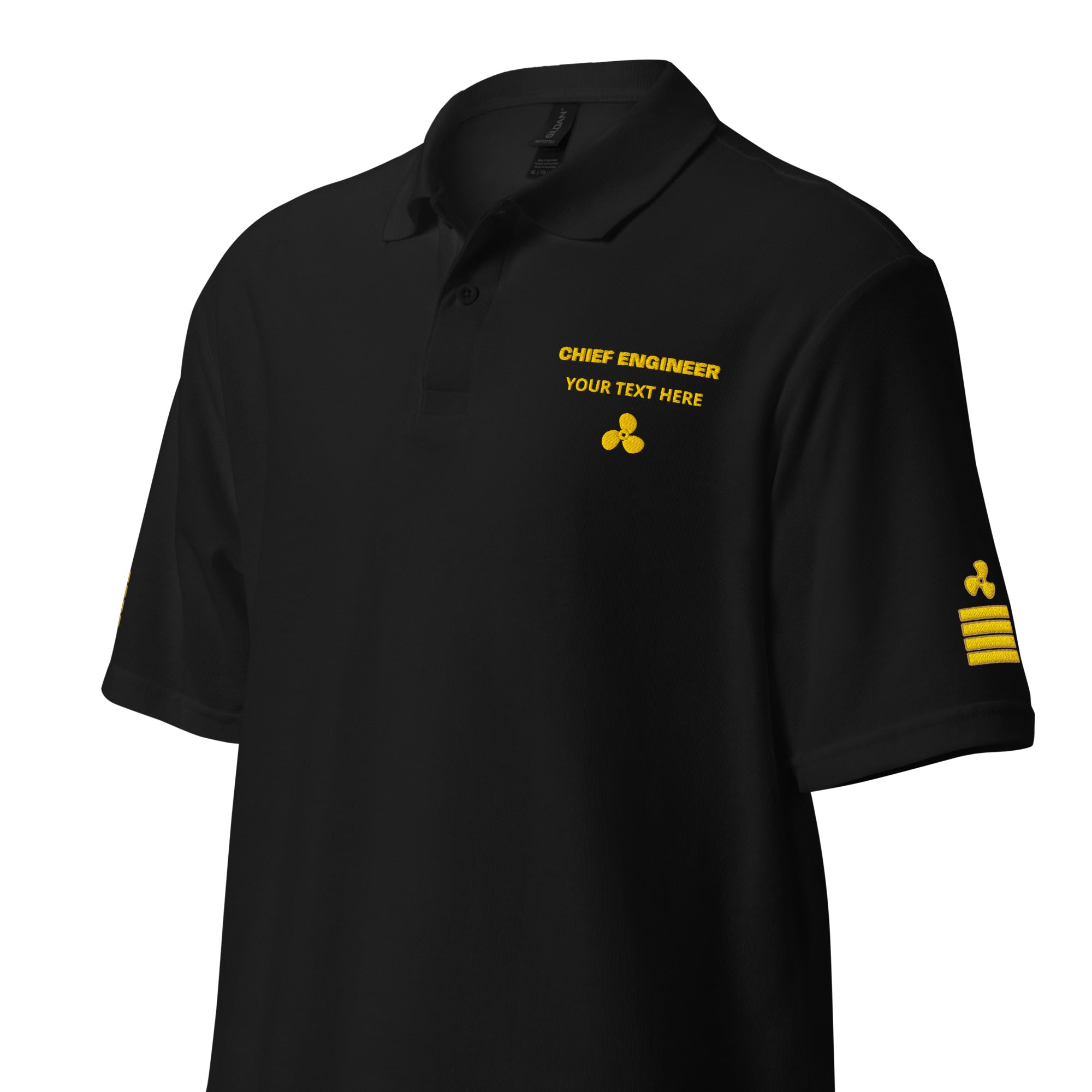 Personalized Chief Engineer polo shirt with embroidered epaulettes on both sleeves and rank embroidery on left chest