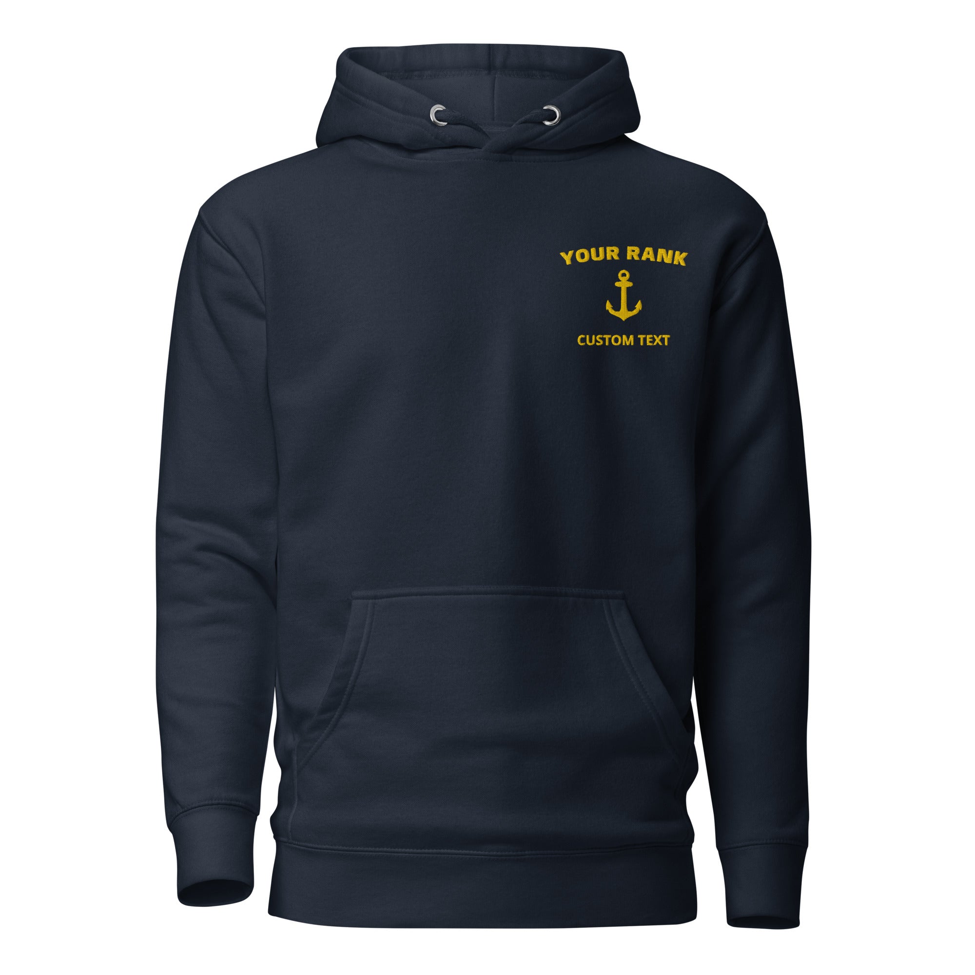 Personalized merchant navy hoodie with custom rank, text, and maritime insignia embroidery on left chest