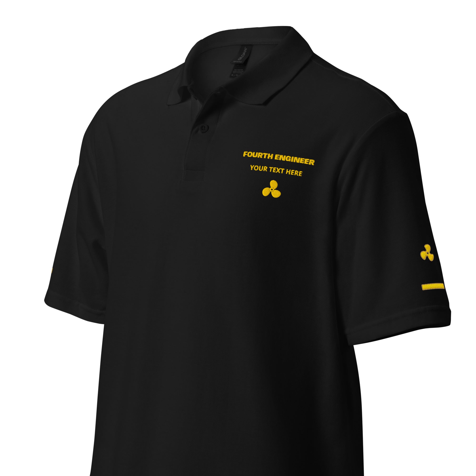 Personalized Fourth Engineer polo shirt with embroidered epaulettes on both sleeves and rank embroidery on left chest