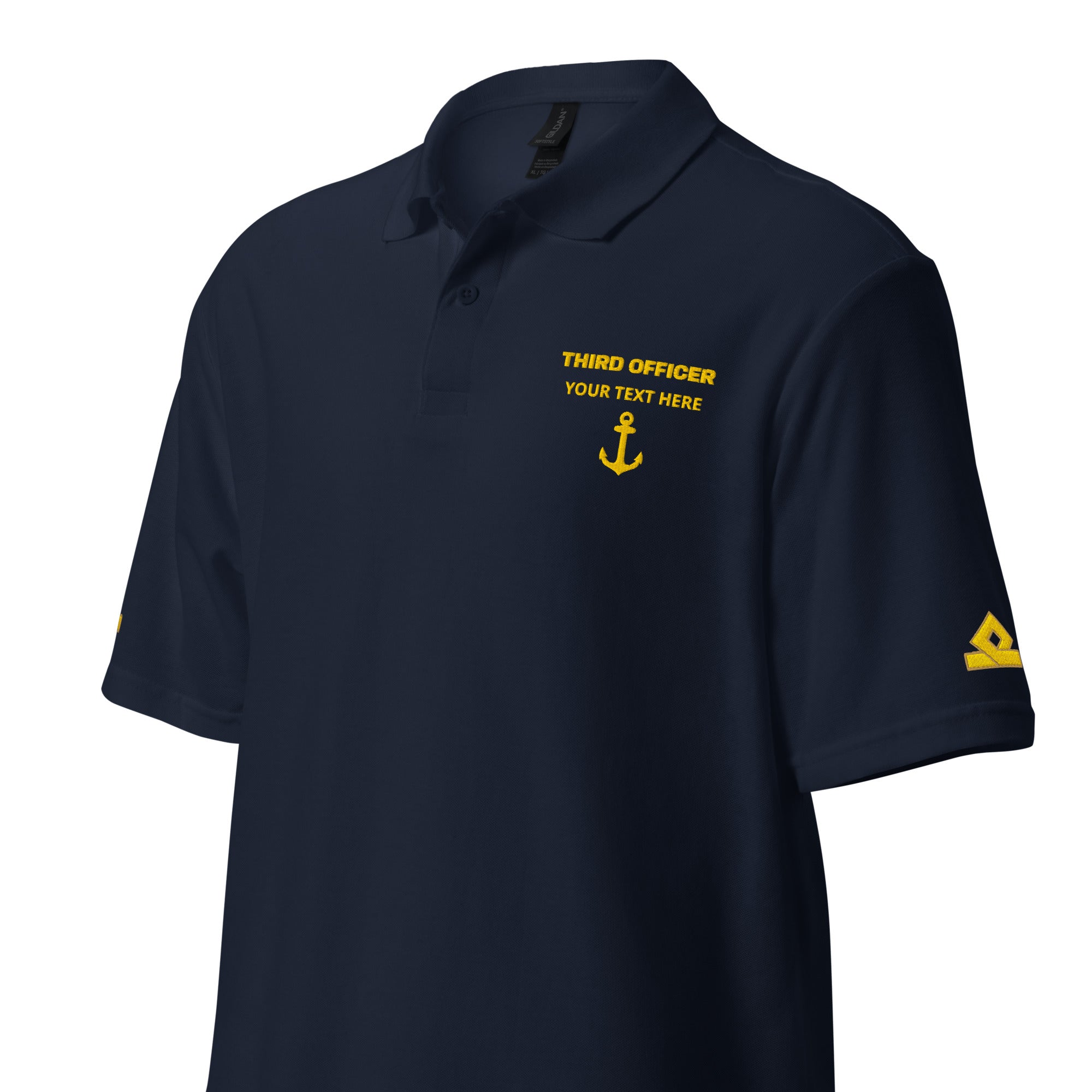 Personalized Third Officer polo shirt with embroidered epaulettes on both sleeves and rank embroidery on left chest