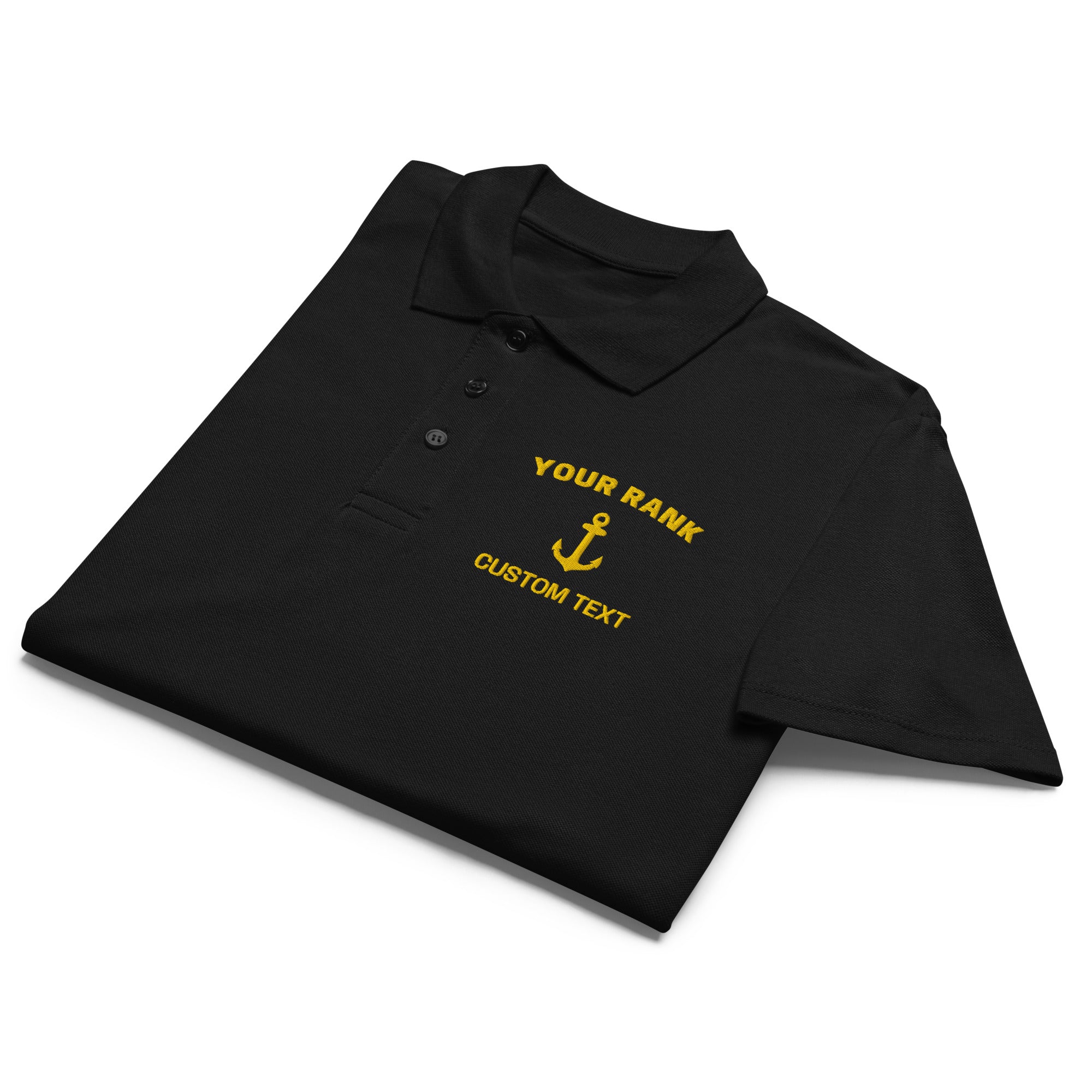 Personalized maritime polo shirt with custom left chest embroidery including rank, name, and maritime insignia