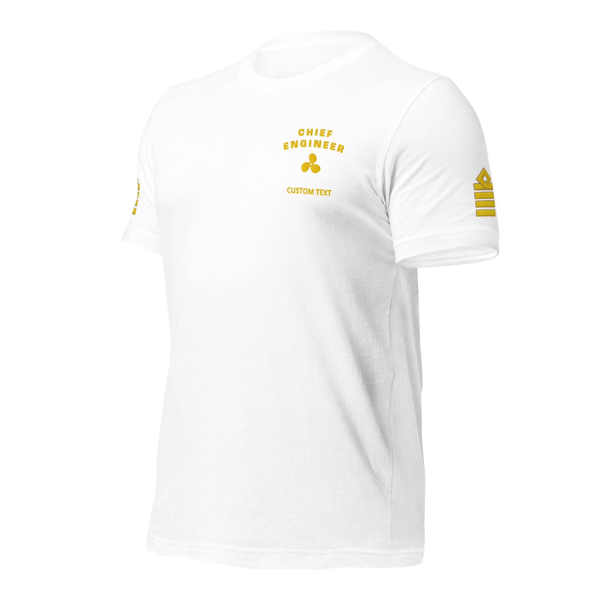 Chief Engineer merchant navy uniform T-shirt with gold embroidered rank, propeller insignia on left chest, and epaulettes on both sleeves